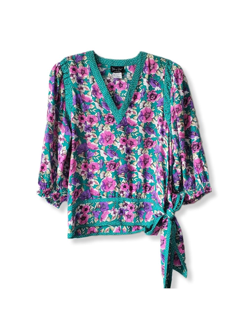 Women 80s Diane Freis Silk Pink Teal Blue Floral Blouse M L Colorful Retro Artsy